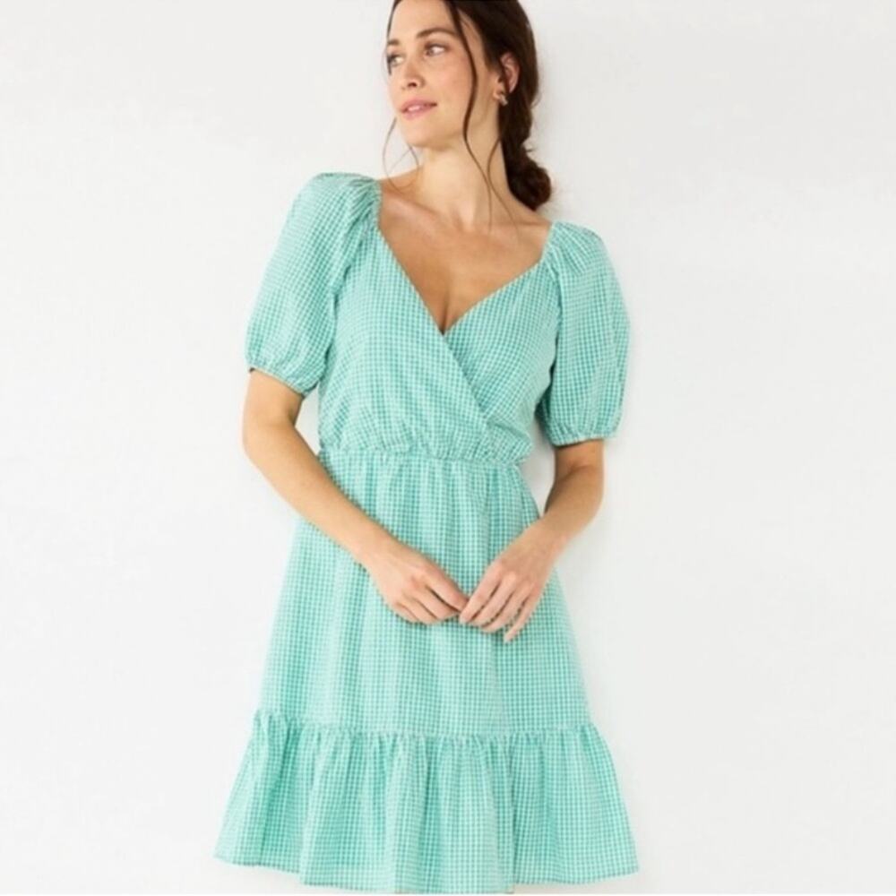 Draper James RSVP Gingham‎ Surplice Neck Puff Sleeve Ruffle Dress Teal 3X NWT